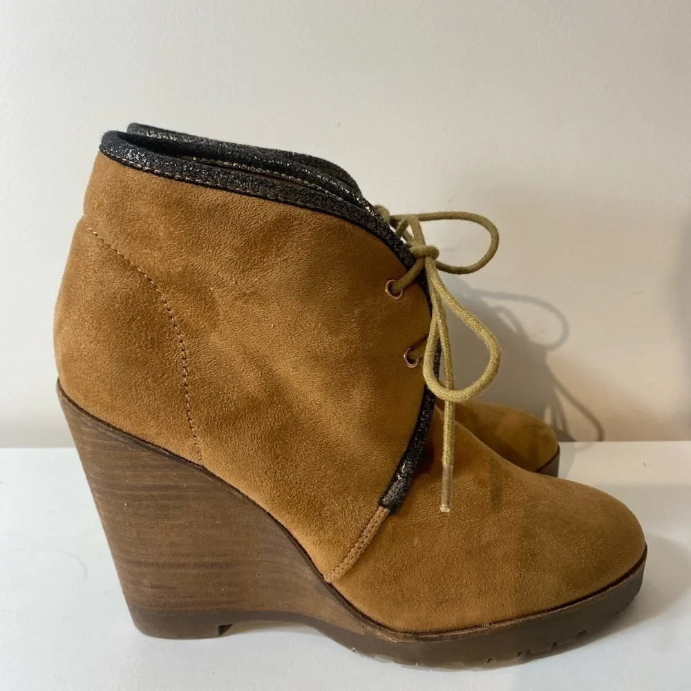Vanessa Wu Anthropologie Brown Wedge Booties Boot US 7 Ties Boho Country Western